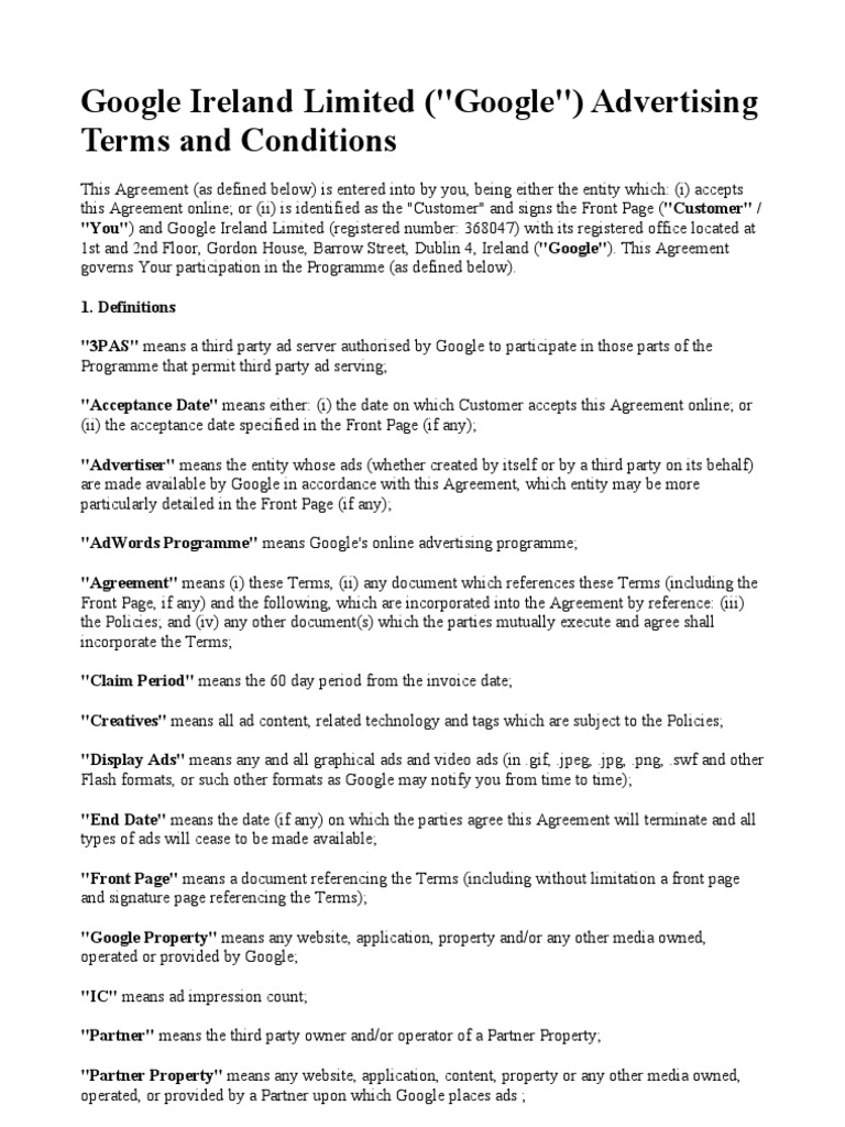 Google Ireland Limited Indemnity Advertising