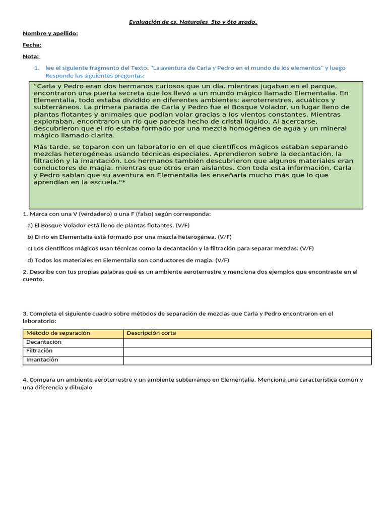 Evaluación de Lengua 5to Grado | PDF