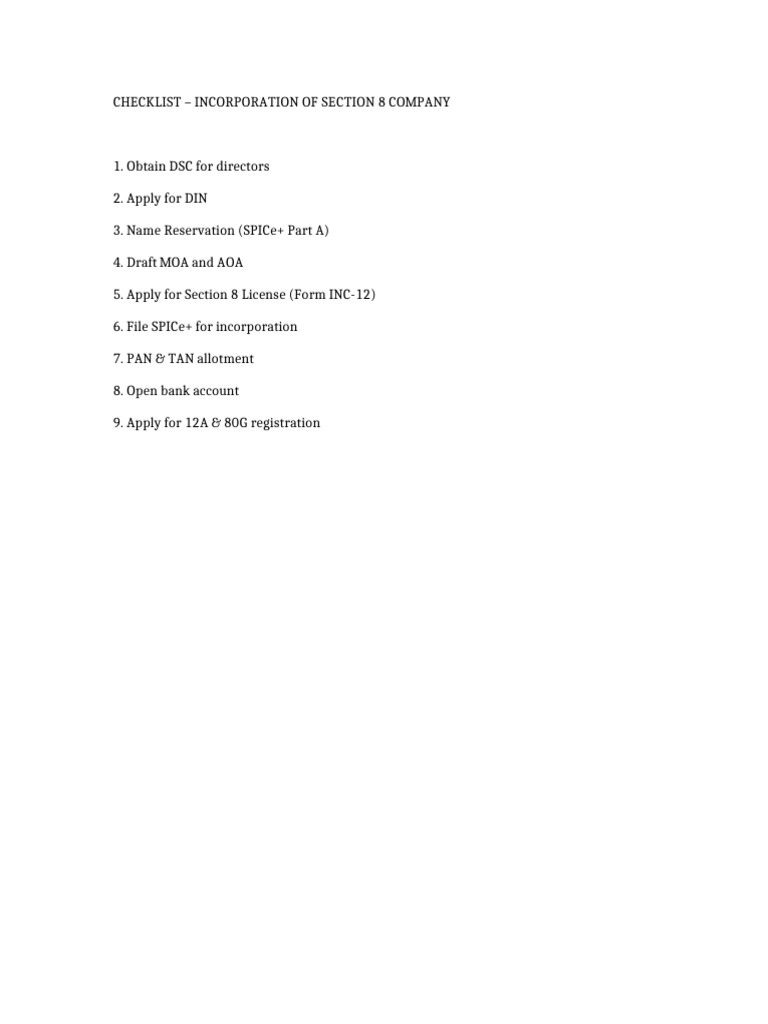 Checklist For Section 8 Company Incorporation | PDF