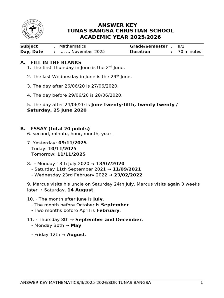 Answer Key Worksheet, Mathematics, Grade 2, Sem 1, 2025-2026 (1) - 1 | PDF