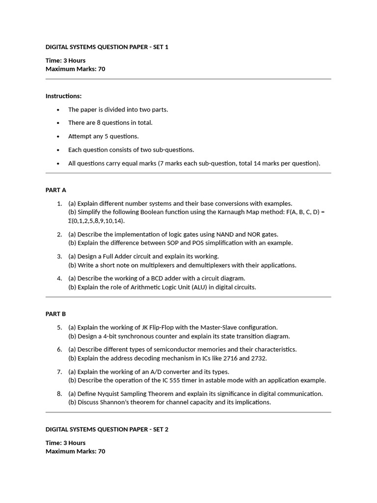 Digital Systems Question Paper | PDF | Boolean Algebra | Teaching ...