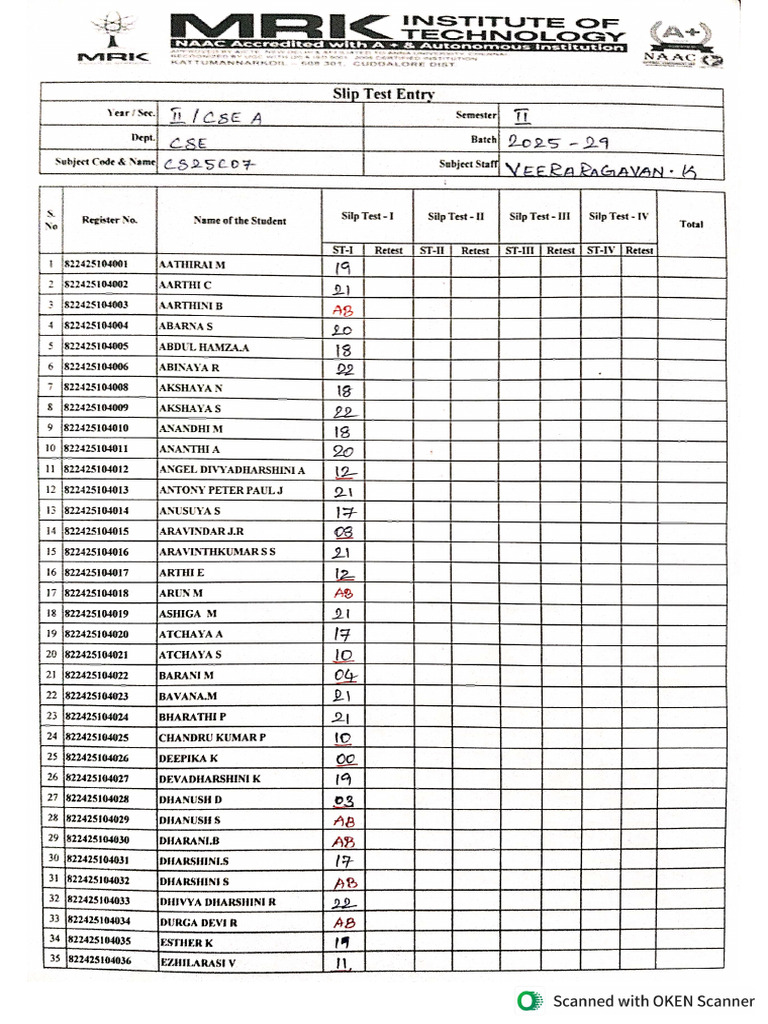 OOP Slip Test Marks | PDF