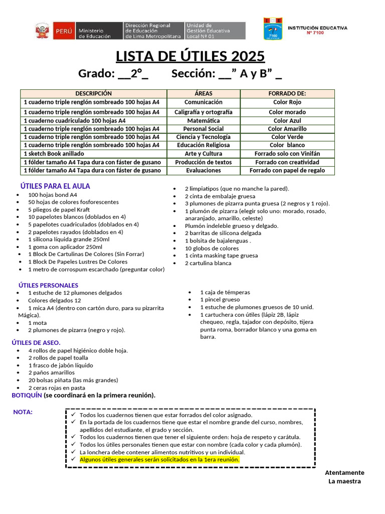 Lista de Útiles 2026 Segundo Grado | PDF | Cuaderno