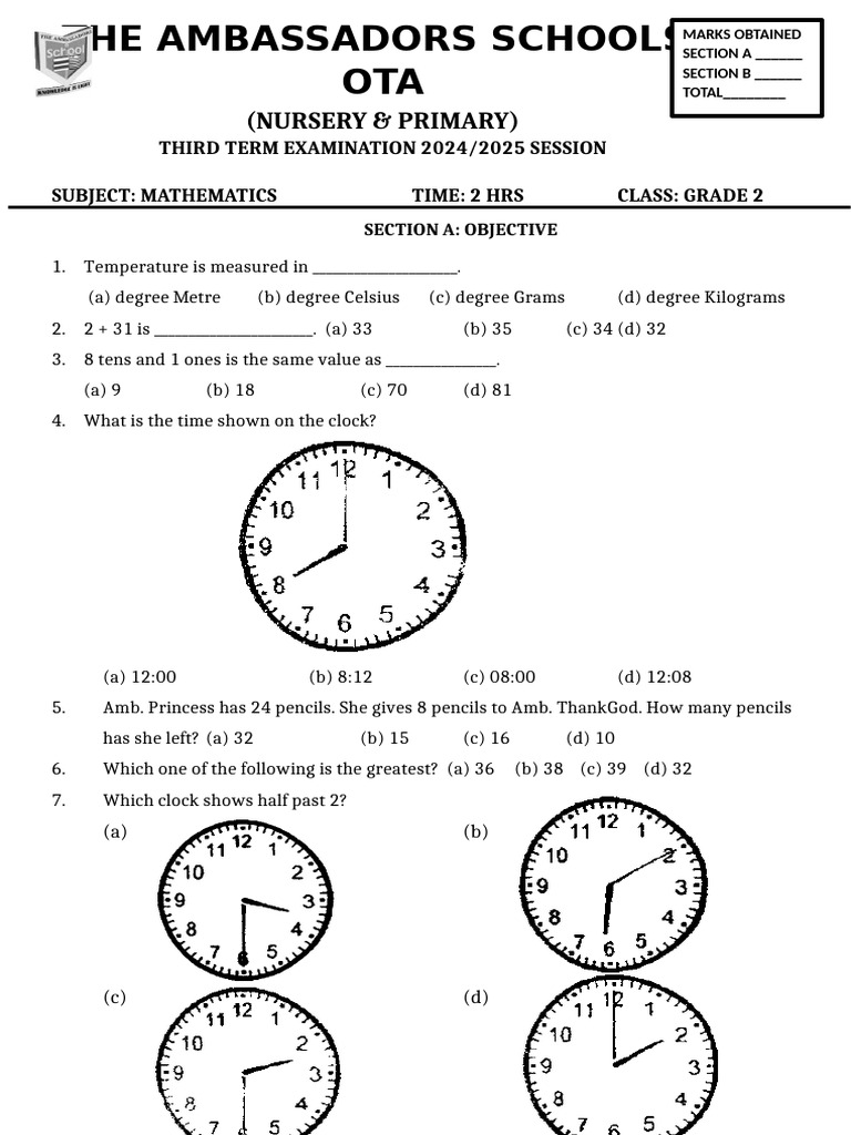 MATHEMATICS QUESTIONS FOR GRADE 2_091659 (1) | PDF