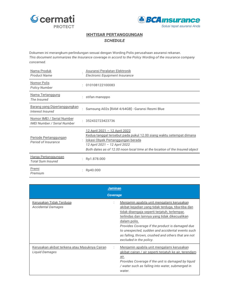Blibli Electronic Insurance - Surat Rangkuman Perlindungan ...