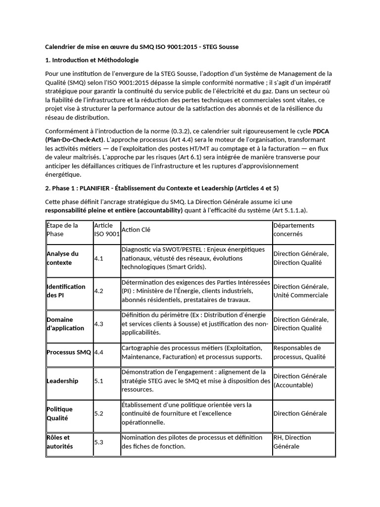 Calendrier de Mise en Œuvre Du SMQ ISO 9001 | PDF | Système de ...