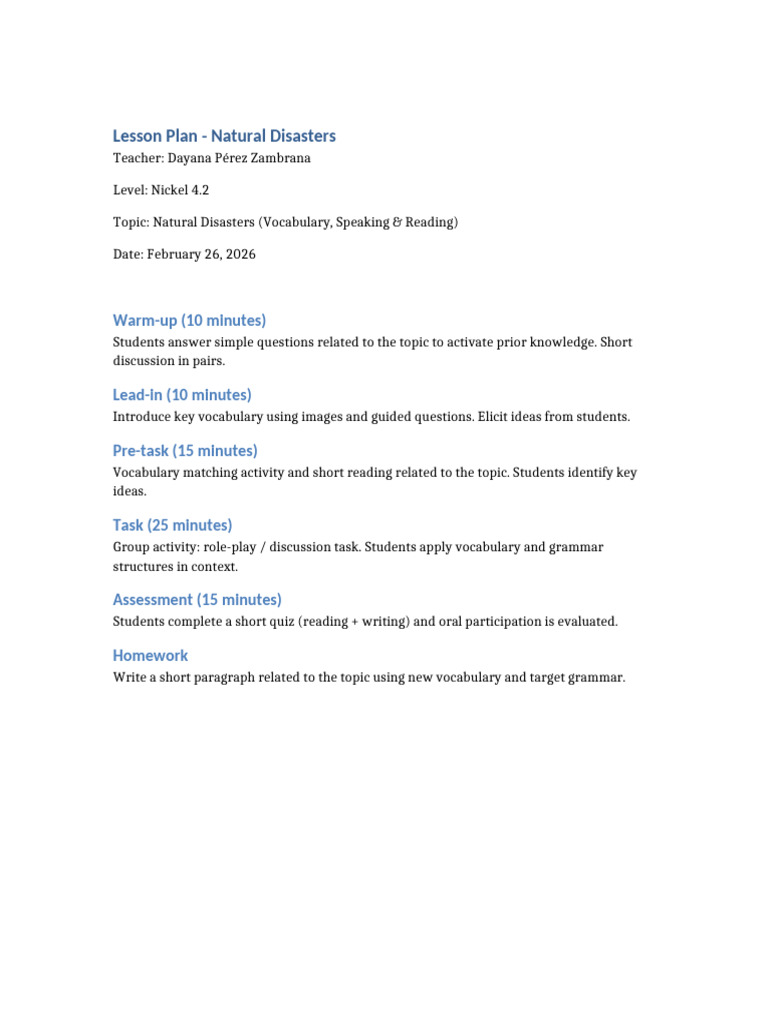 Lesson Plan Nickel 4 2 Natural Disasters | PDF