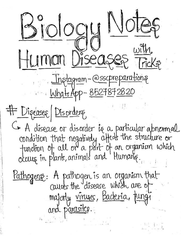 Static GK Human Diseases With Tricks Biology Handwritten Notes for SSC ...