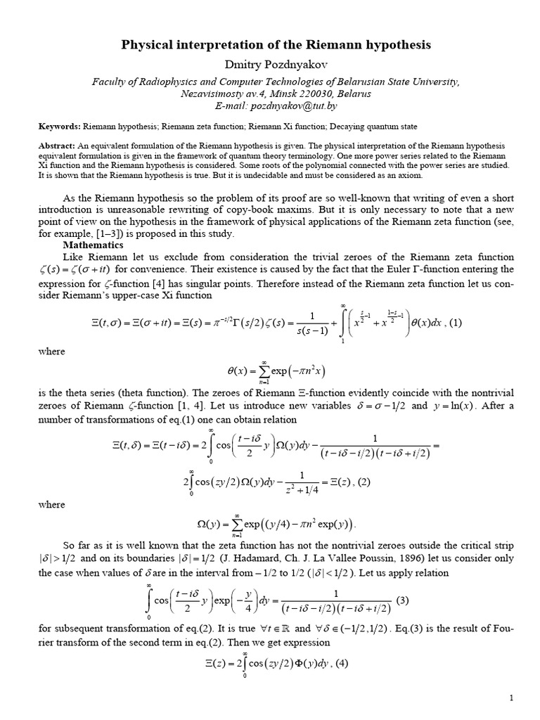 Physical Interpretation of The Riemann Hypothesis | PDF | Axiom ...