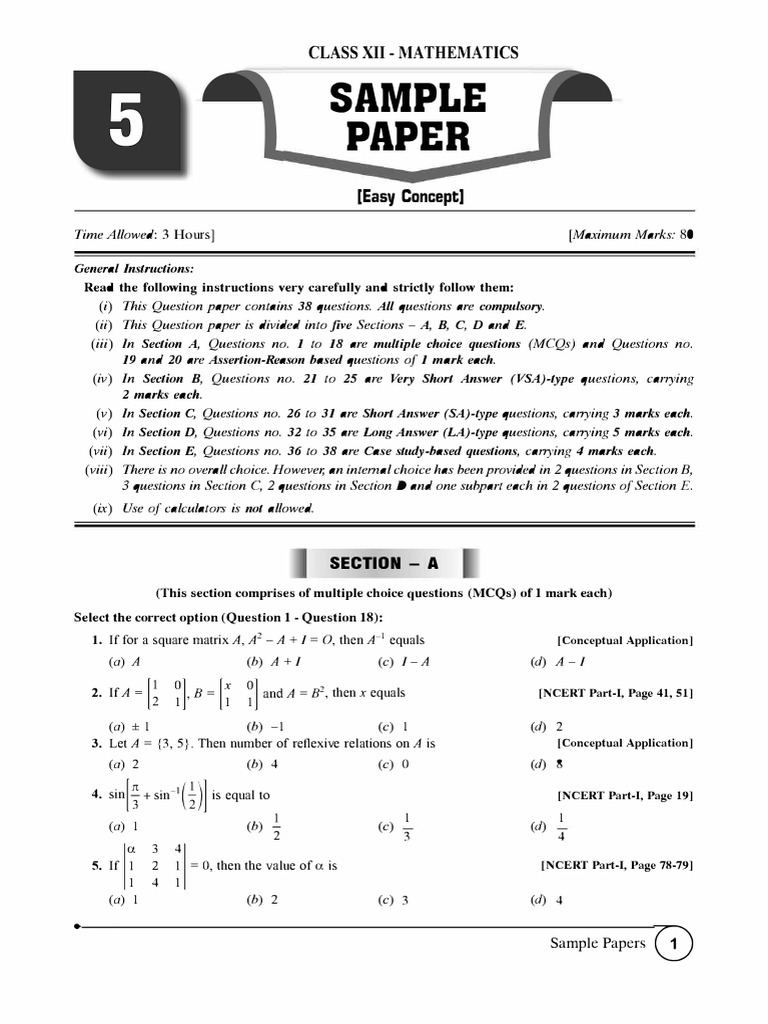 Class Xii Mathematics Sample Paper - 5 (Ead) 2025-26 (With Solutions ...