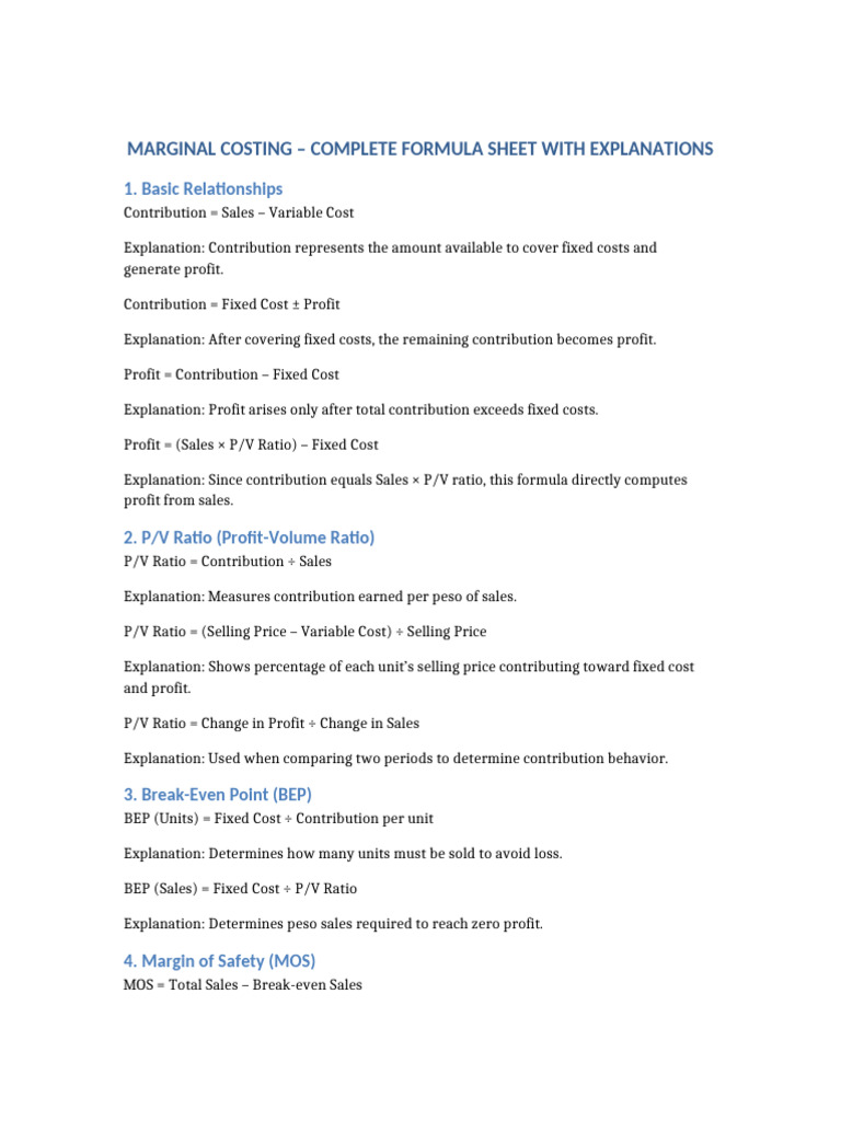 Marginal Costing Formula Sheet With Explanations | PDF | Economies ...