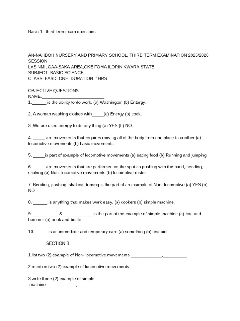 Basic 1 Third Term Exam Questions | PDF | Plural | Grammatical Number