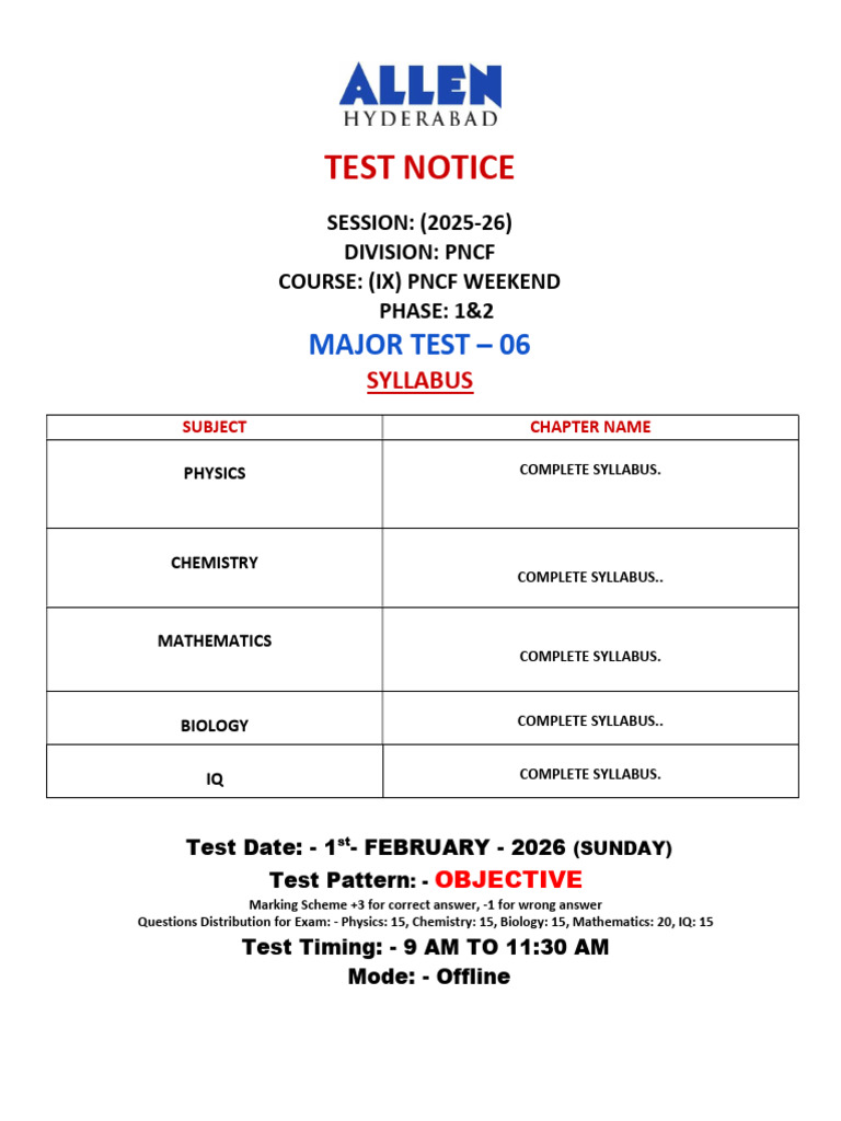 1st February, 9th PNCF Weekend Test Notice. | PDF