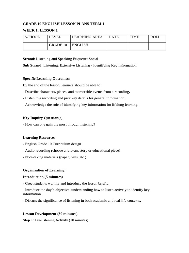 Grade 10 English Lesson Plans Term 1 | PDF | Learning | Pronoun