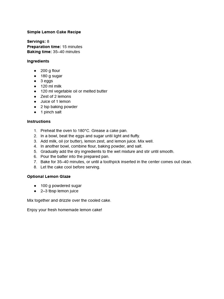 Simple Lemon Cake Recipe | PDF