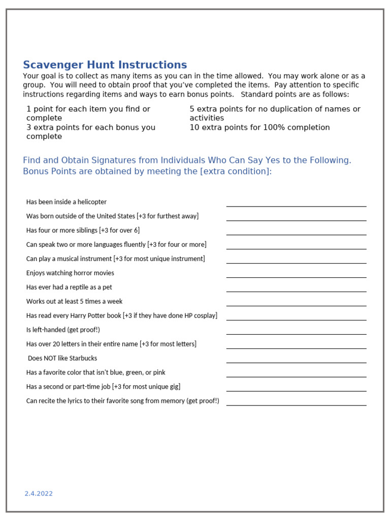 Scavenger Hunt Activity | PDF