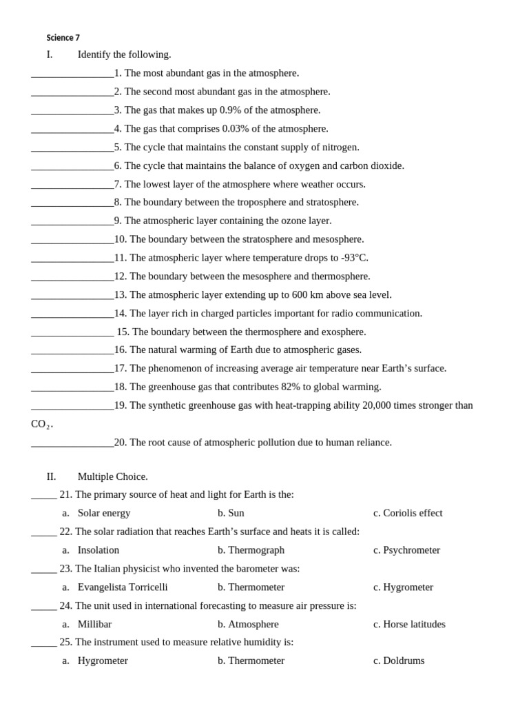 PRACTICE TEST - Science 7 | PDF | Atmosphere Of Earth | Cloud
