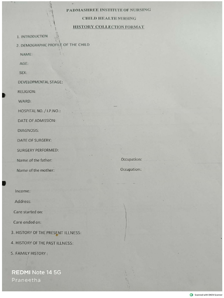 History Collection Format For Paediatric Nursing | PDF