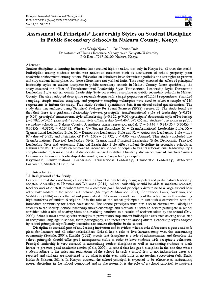 Assessment of Principals Leadership Styles On Student 32gapbcgso | PDF ...