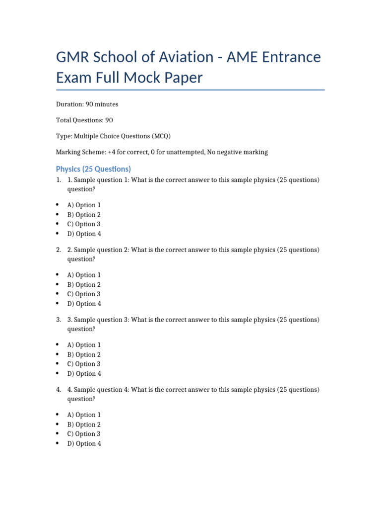 GMR AME Full Mock Test 90 Questions | PDF | Multiple Choice | Chess Theory
