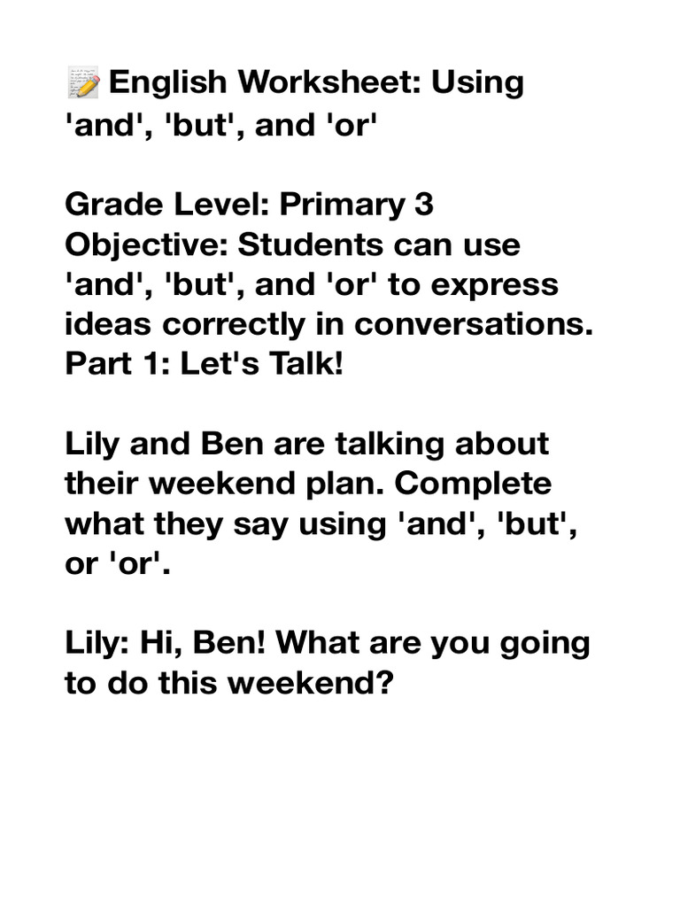 ? English Worksheet Using 'And', 'But', and 'Or' | PDF