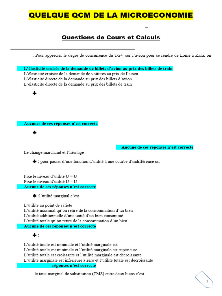 Micro 1 - QCM Possible Synthese Finale Micro DG + Corrige | PDF