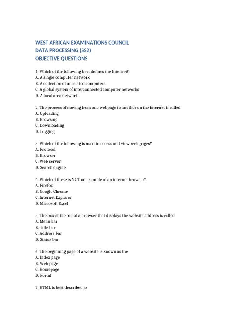 WAEC Data Processing Objectives SS2 | PDF | Relational Database | Sql