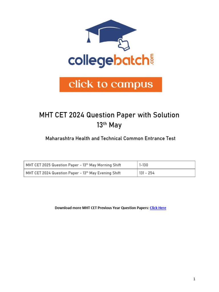 MHT CET 13th May 2024 Question Paper With Solution | PDF