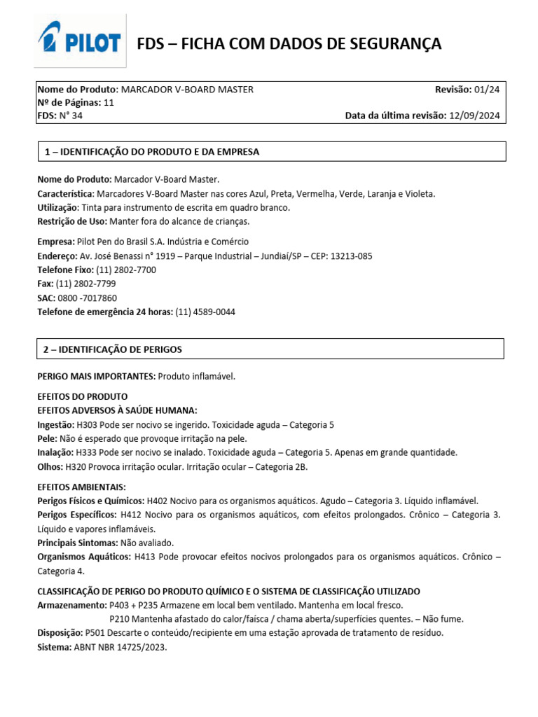 34 - FDS Marcador V-Board Master | PDF | Toxicidade | Incêndios