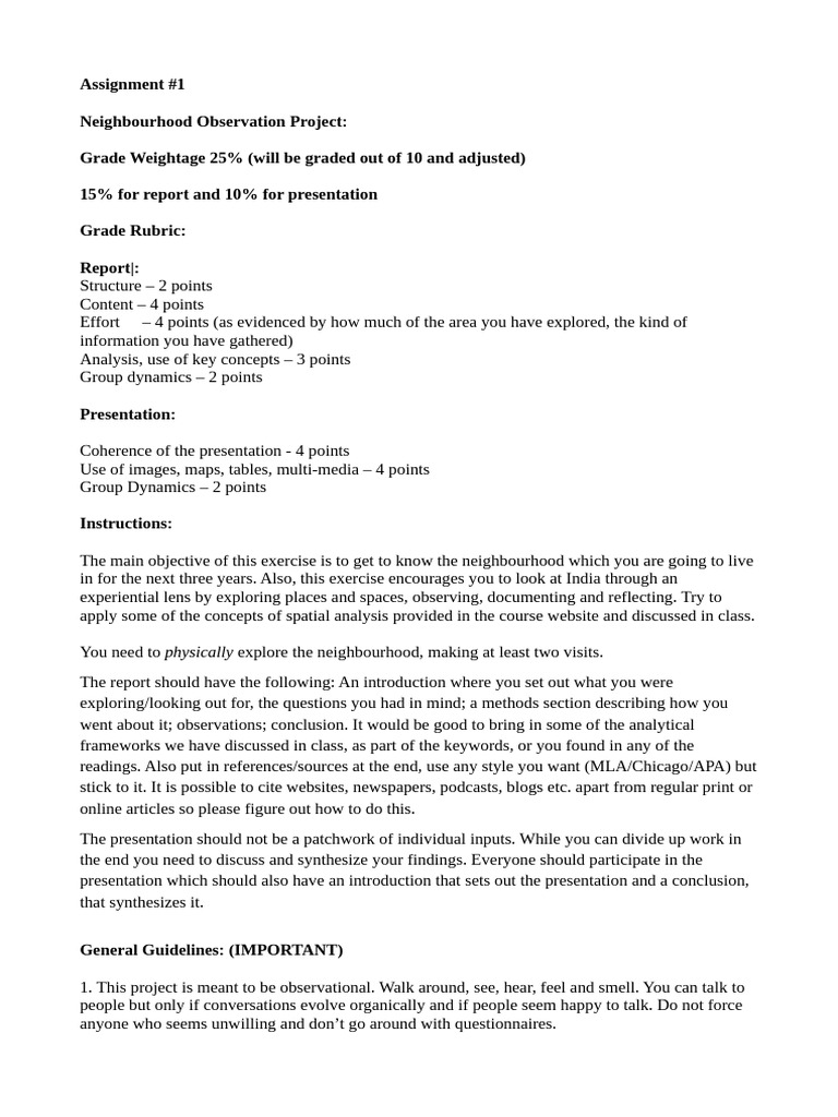 Assignment 1 - Neighbourhood Observation Project | PDF | Cognition