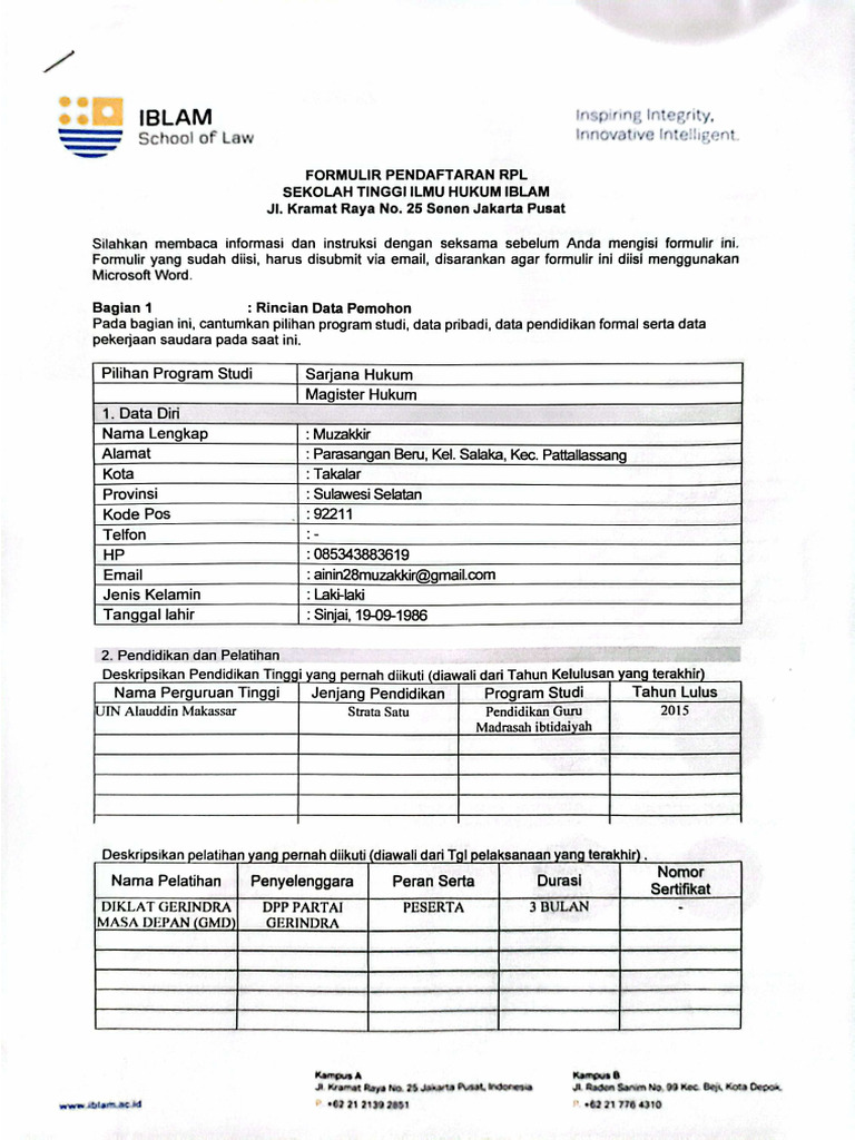 Formulir Pendaftaran RPL Muzakkir | PDF