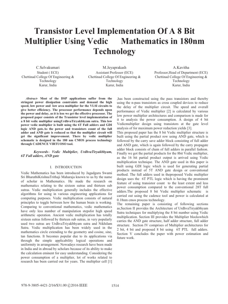Transistor Level Implementation of A 8 Bit Multiplier Using Vedic ...