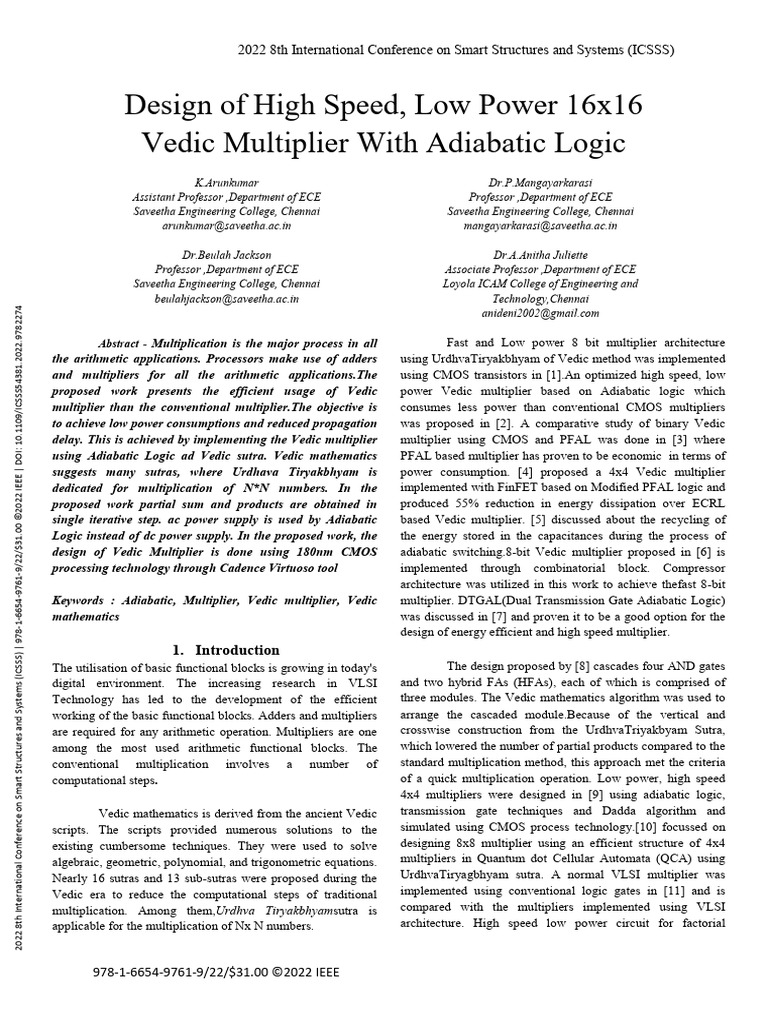 Design of High Speed Low Power 16x16 Vedic Multiplier With Adiabatic ...