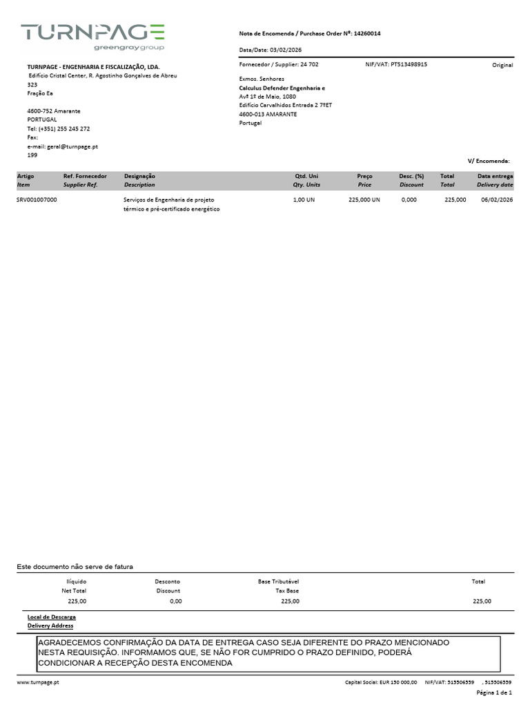 Nota de Encomenda Purchase Order #14260014 | PDF