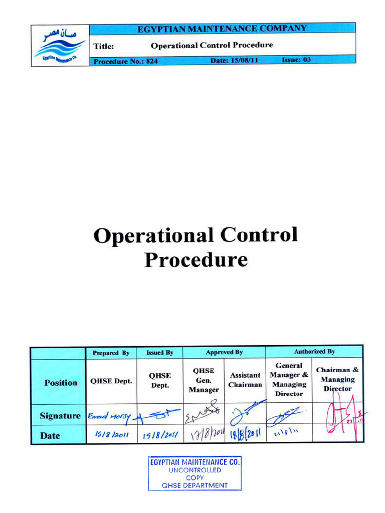 824 - Operational Control Procedure | PDF | Leak | Crane (Machine)