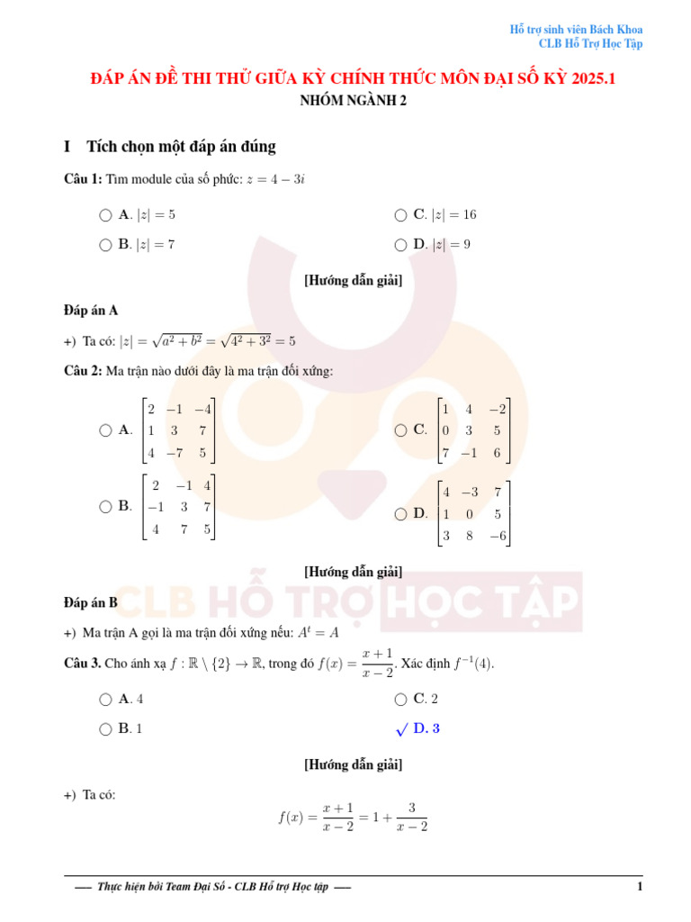 Đáp Án Thi Thử Giữa Kỳ Môn Đại Số - NN2 - Kỳ 2025.1 - CLB HTHT | PDF