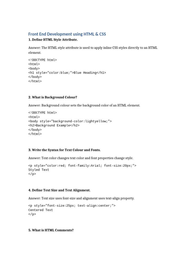 Front End Development All 24 Questions | PDF | Html Element | Html