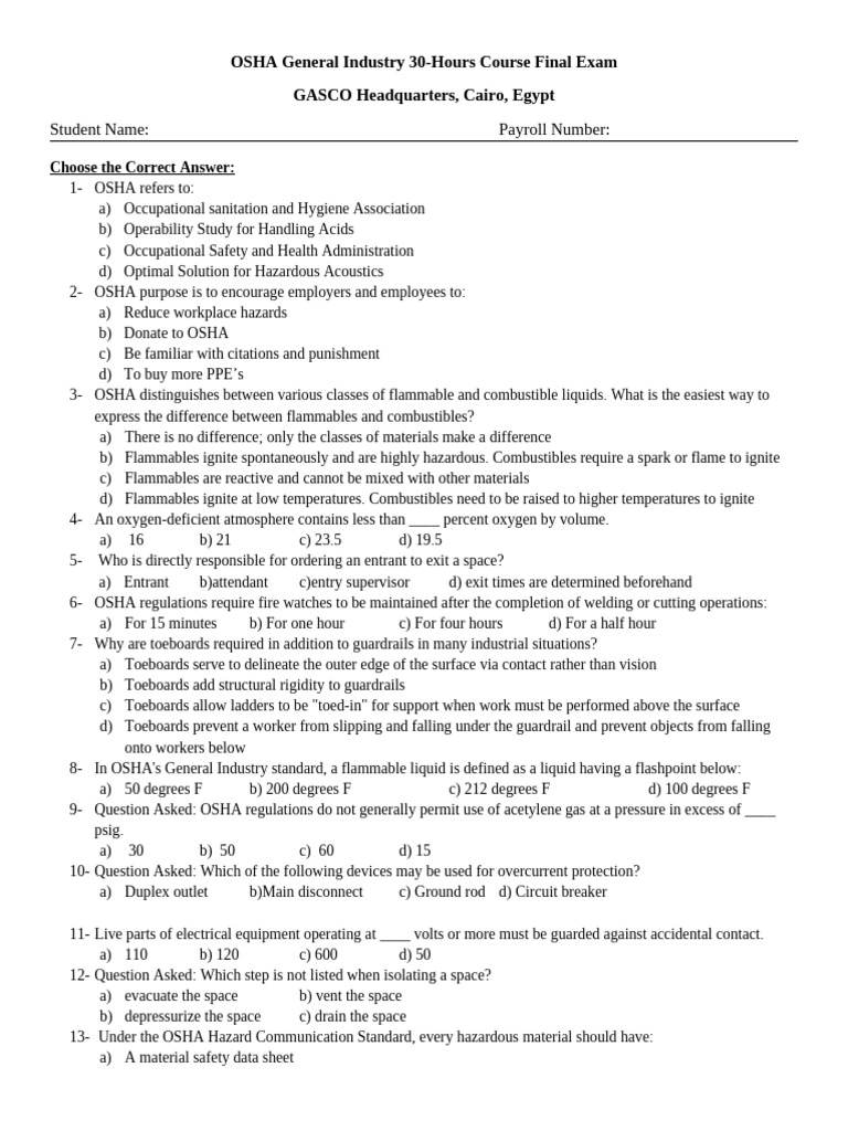 OSHA General Industry 30 Exam | PDF | Occupational Safety And Health ...