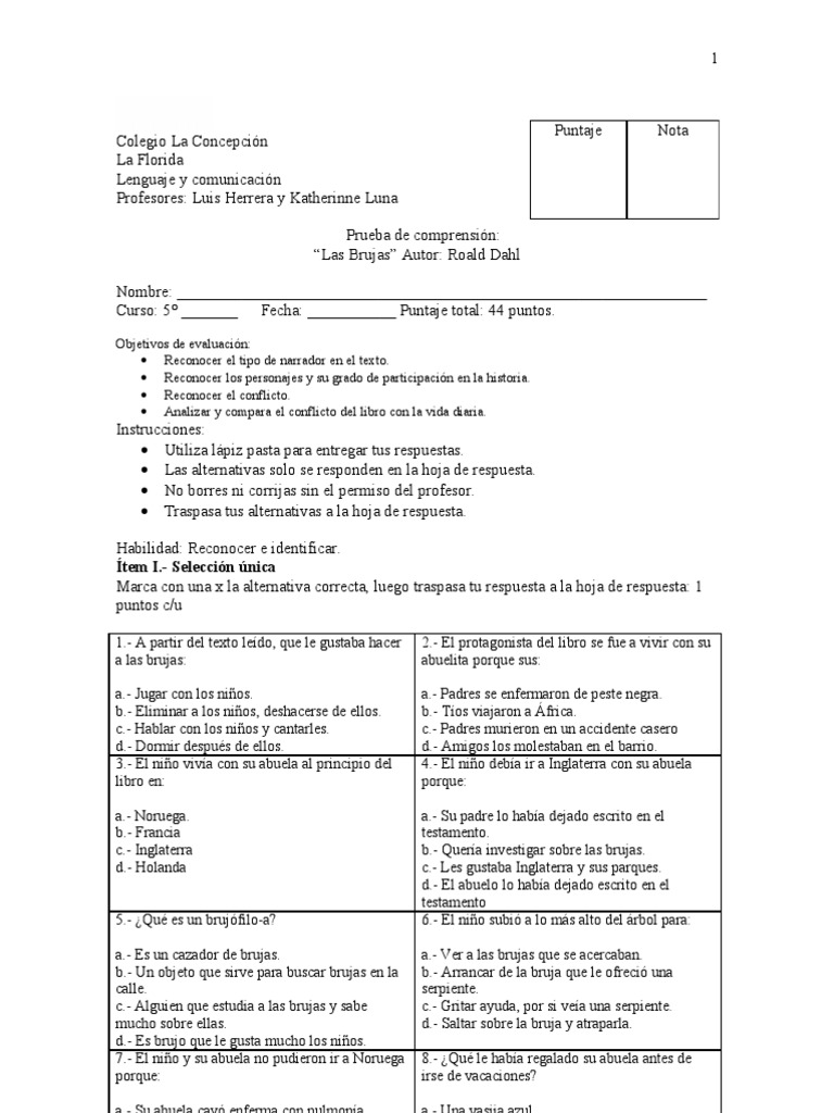 Colegio La Concepción Prueba las brujas 5° básico
