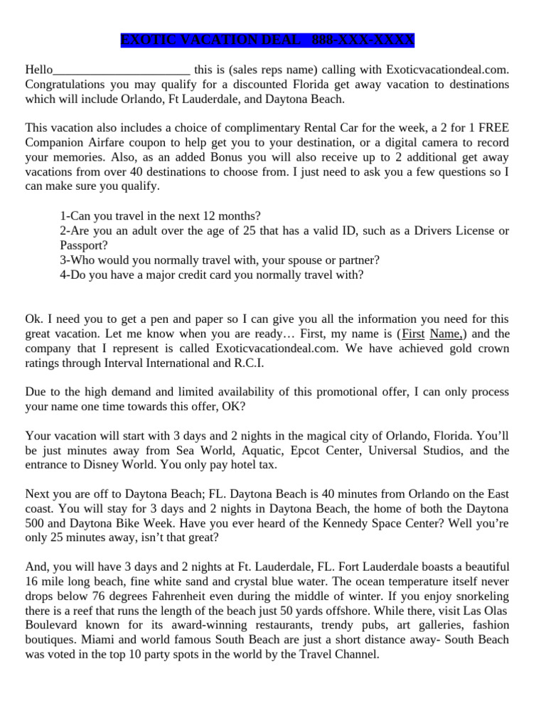 Exotic Sales Script Exotic Vacation Deal | PDF