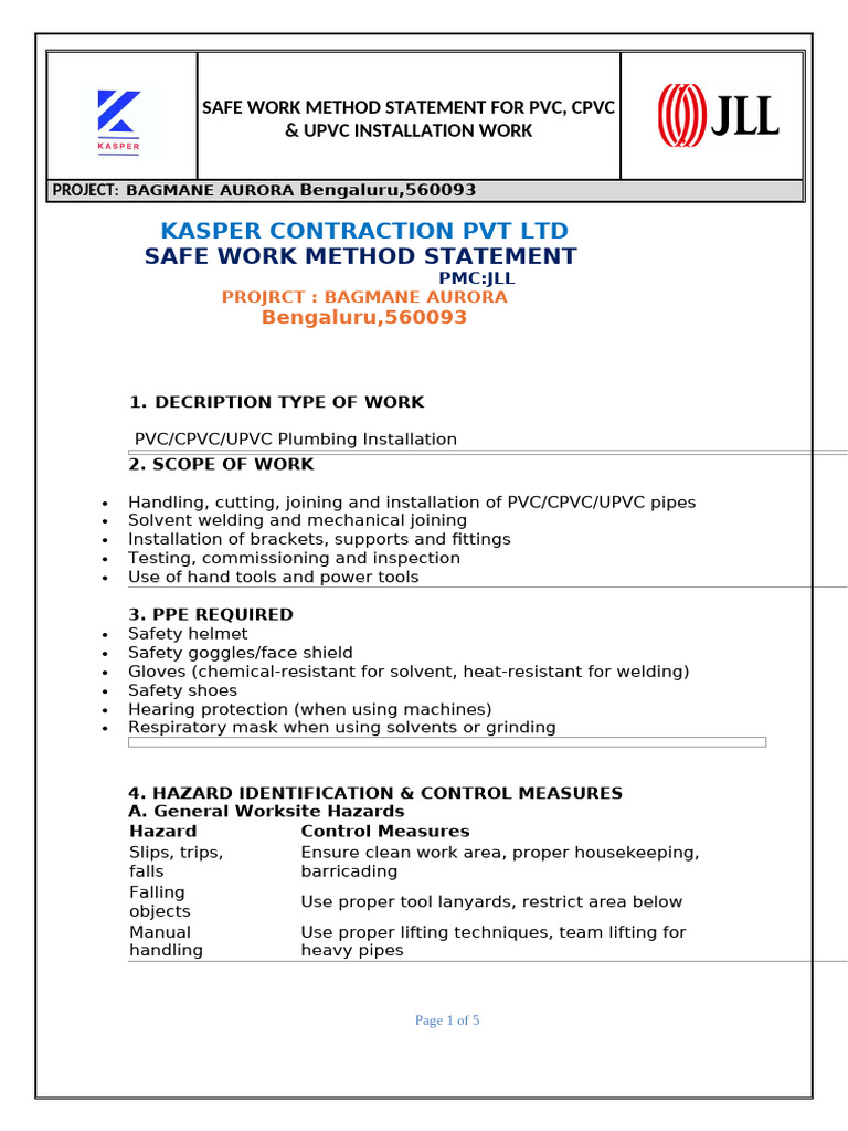 Work Method Statment | PDF | Polyvinyl Chloride | Pipe (Fluid Conveyance)