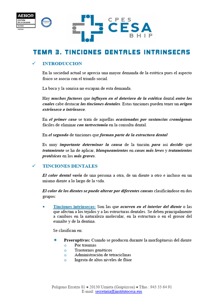 Esquema Tema 03 - Tinciones Dentales Intrinsecas | PDF