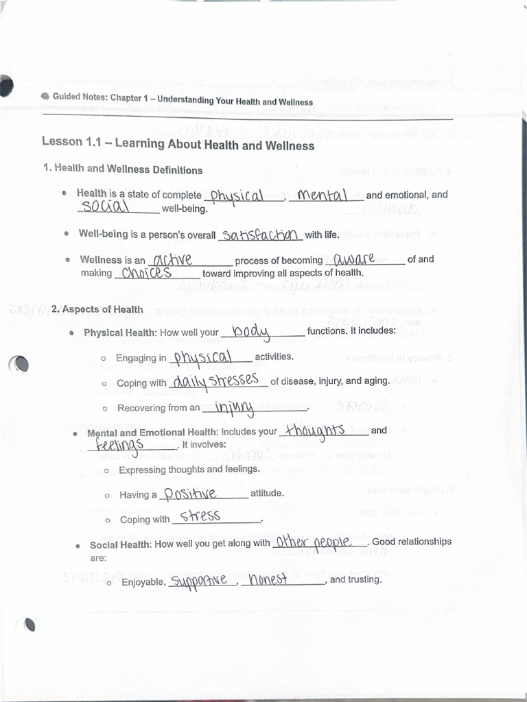 Guided Notes Chapter 1 - Understanding Your Health and Wellness | PDF