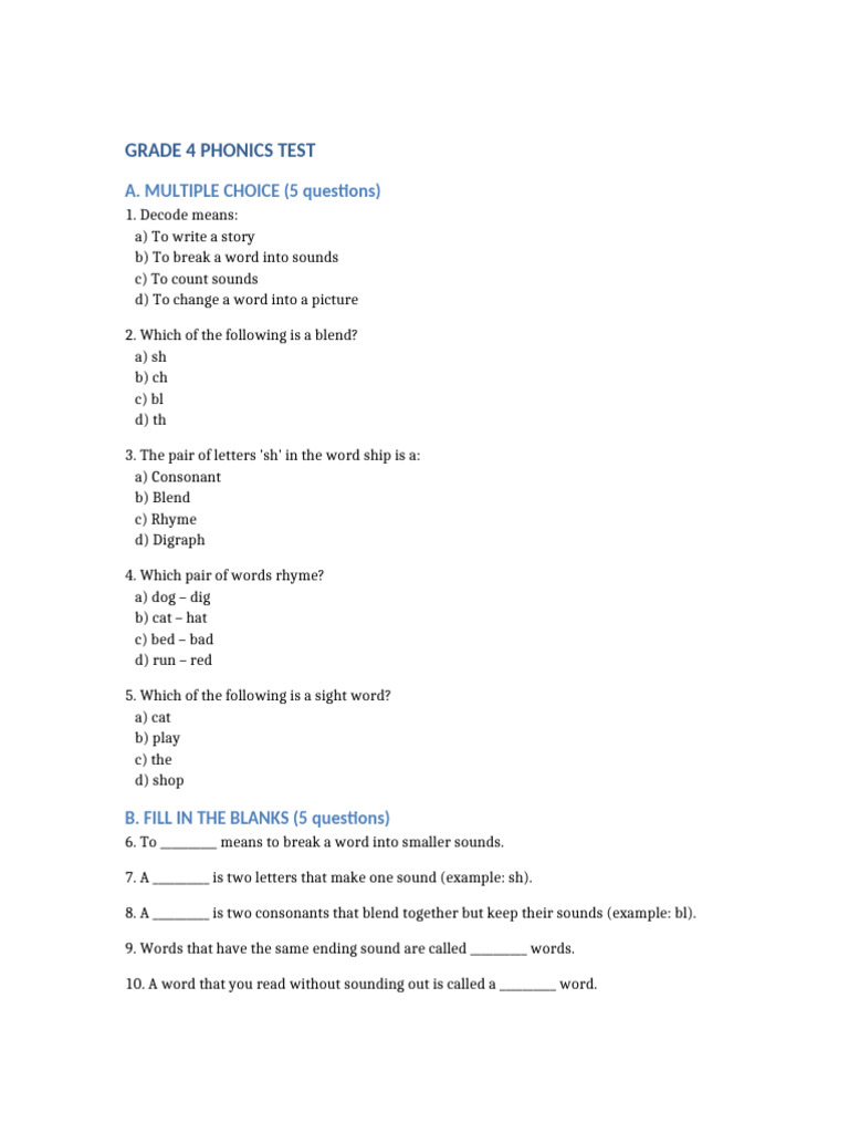 UTF8Grade4 Phonics Test | PDF