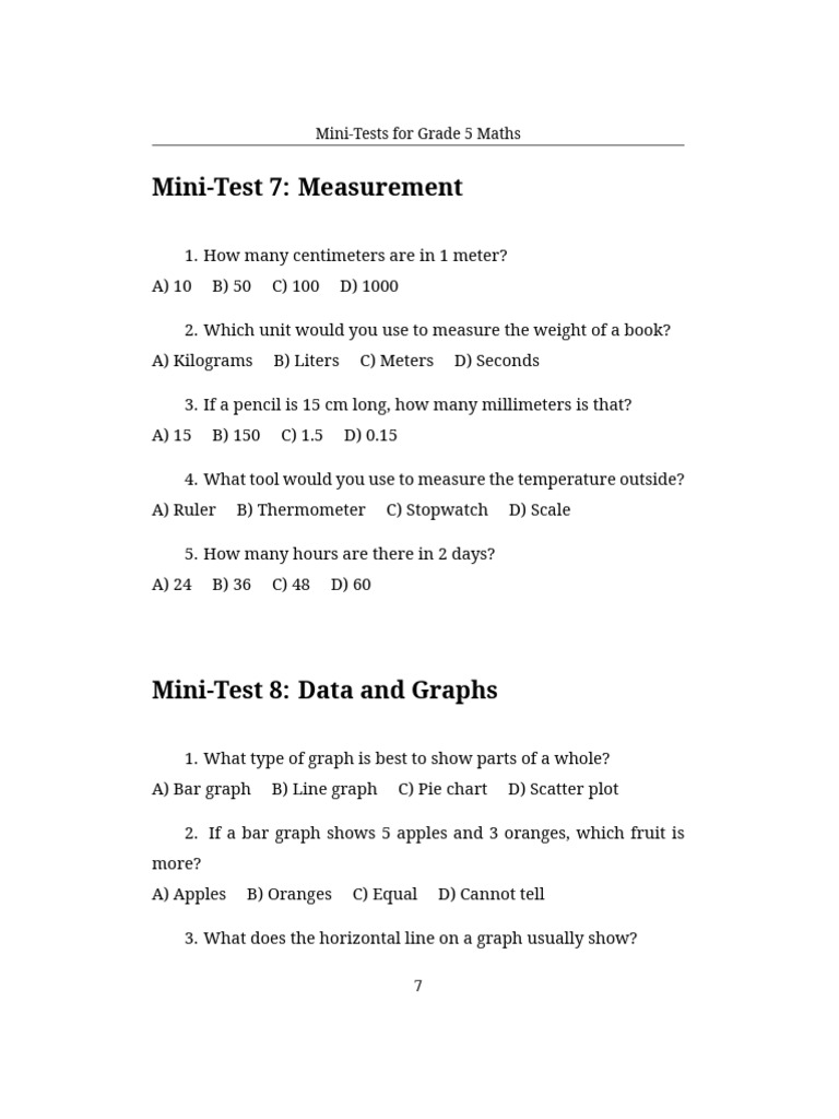Mini-Tests For Grade 5 Maths - 5 | PDF