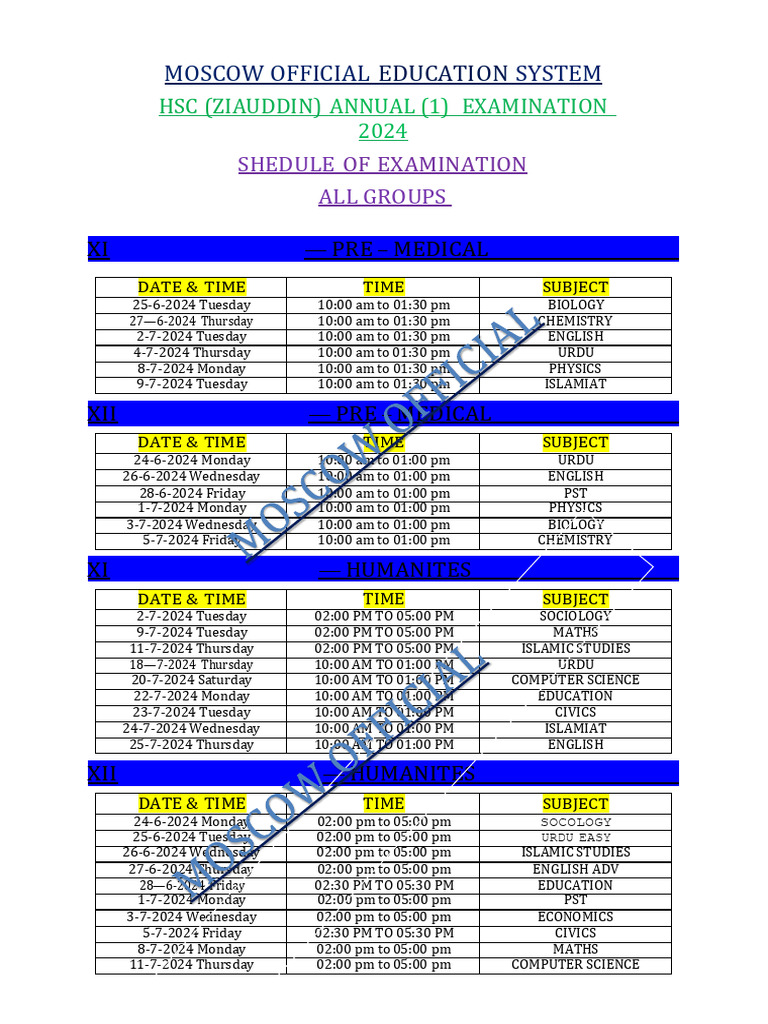 HSC Date Sheet 2024 (Ziauddin) - Moscow-Official | PDF | Science