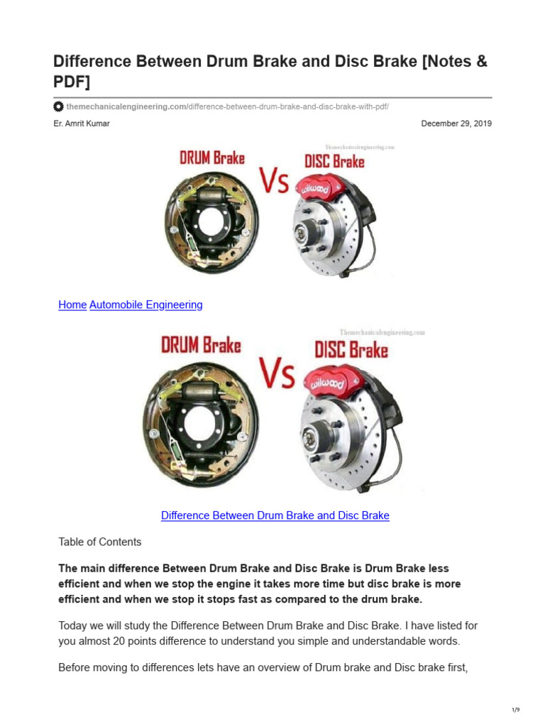 Difference Between Drum Brake and Disc Brake (Notes & PDF) | PDF ...