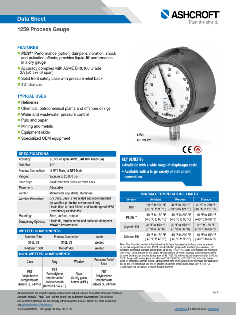 Datasheet 1259 Pressure Gauge | PDF | Pressure Measurement | Materials