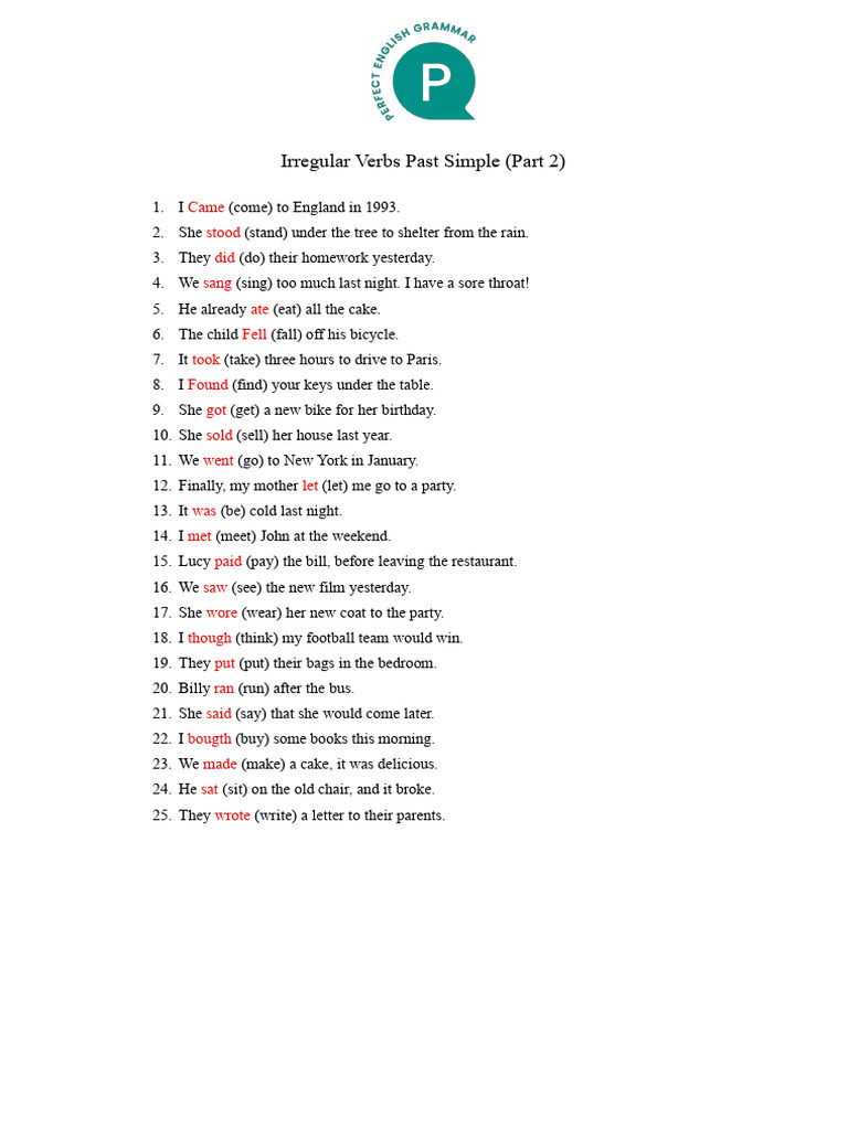 50 Common Irregular Verbs Past Simple Part 2 | PDF