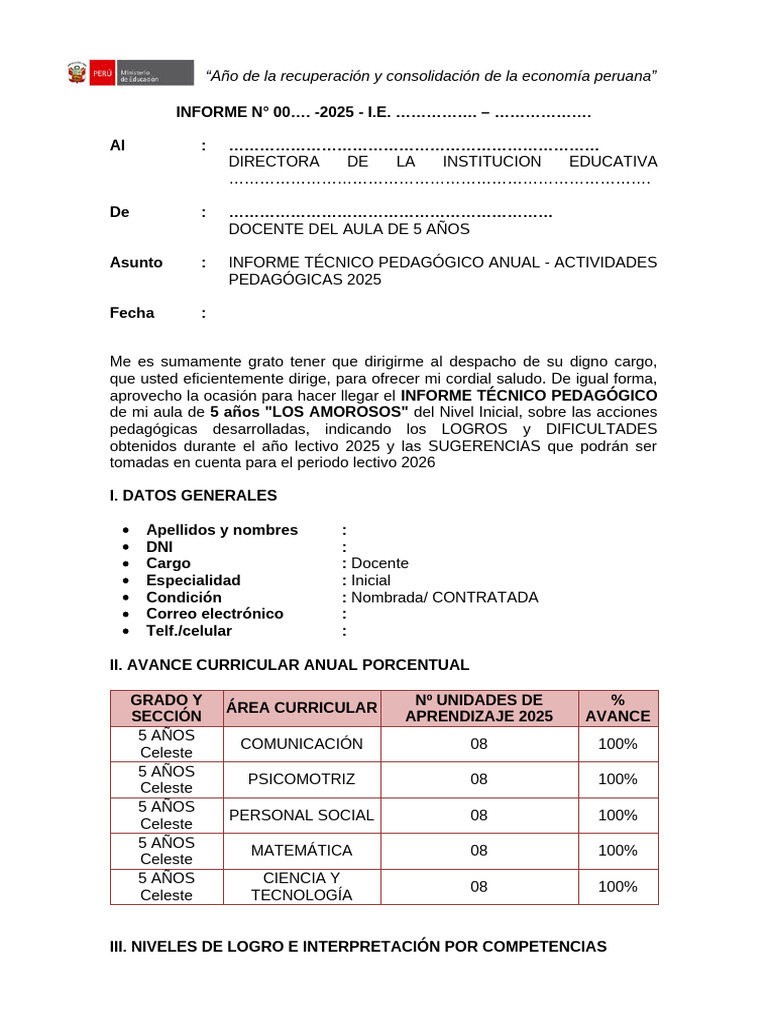 5 Años - Informe Tecnico Pedagogico Anual Final | PDF | Evaluación ...